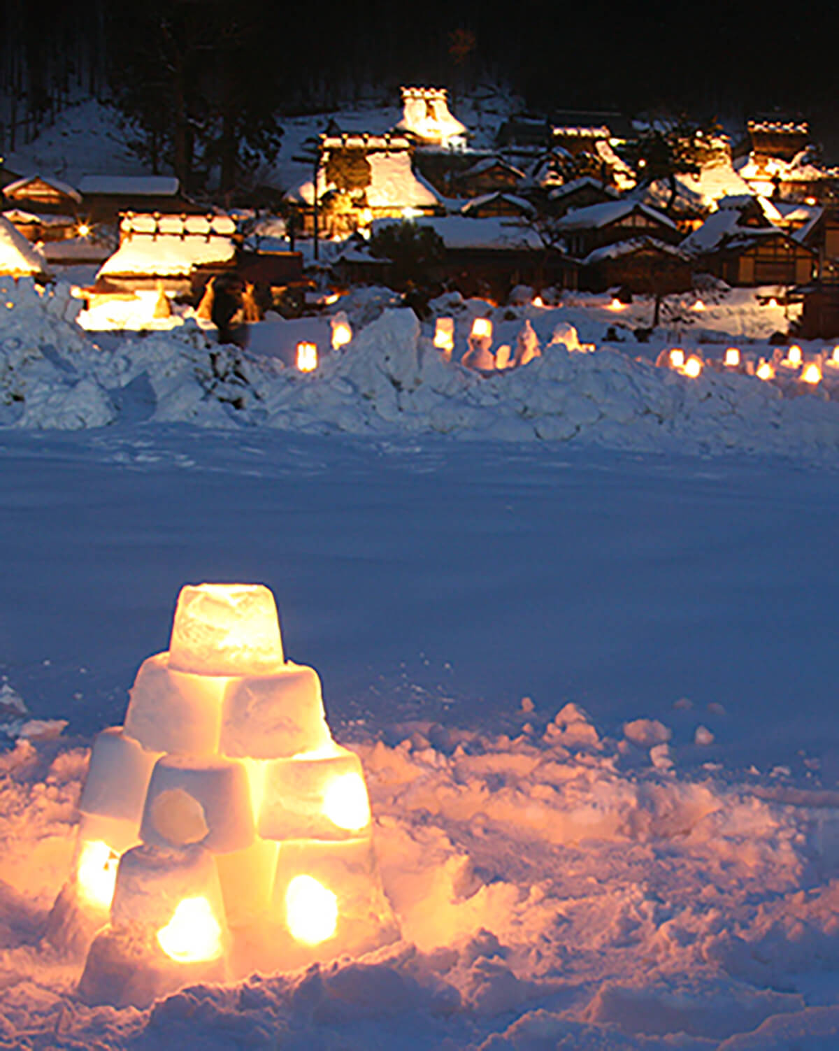 Snow Lanterns at Miyama Kayabuki no Sato Thatched Village