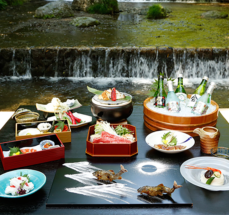 Food served on decks over the river