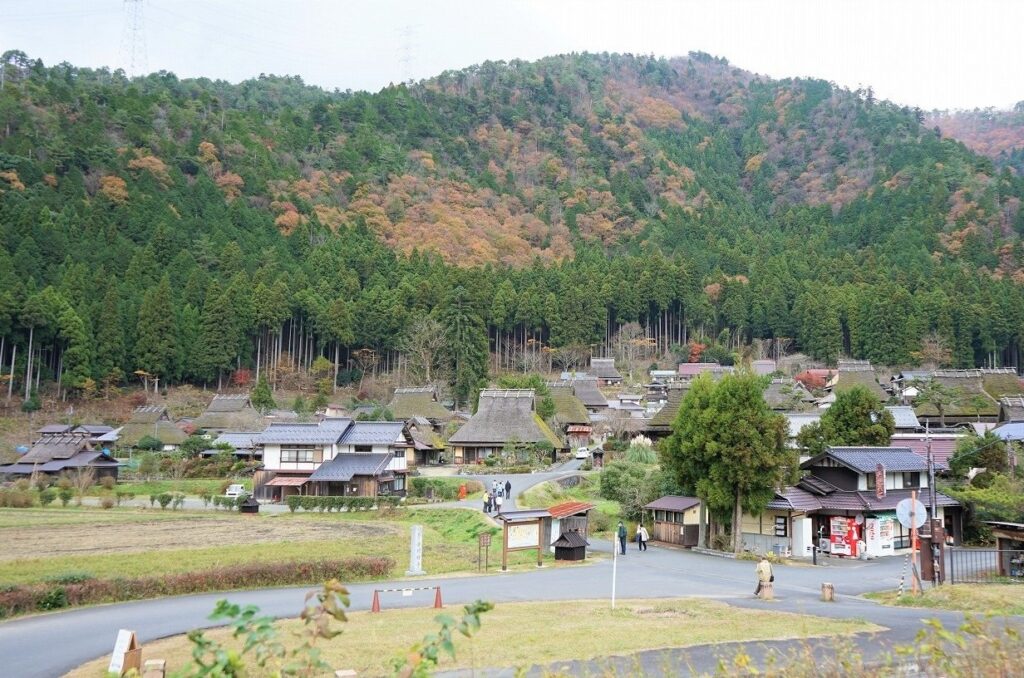 A residential area in Woodland Kyoto with trees and mountains in the background