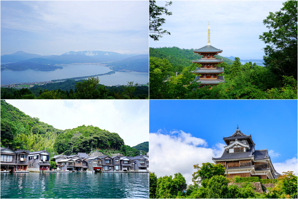 A collage of the Amanohashidate sandbar, Ine boathouses, Fukuchiyama Castle, and a pagoda
