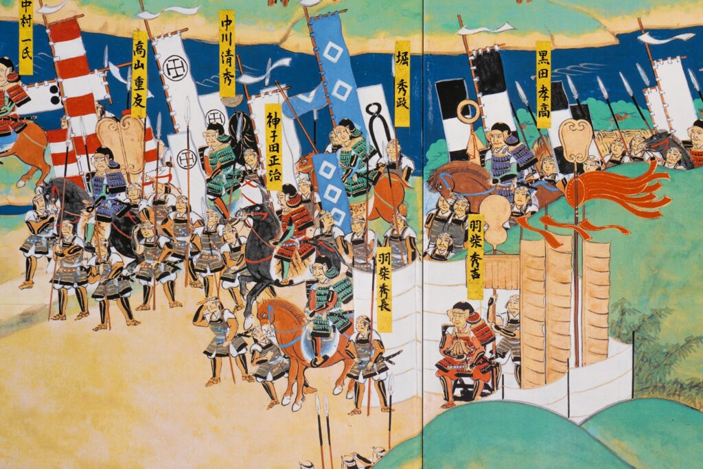 A Japanese painting of troops on an ancient battlefield