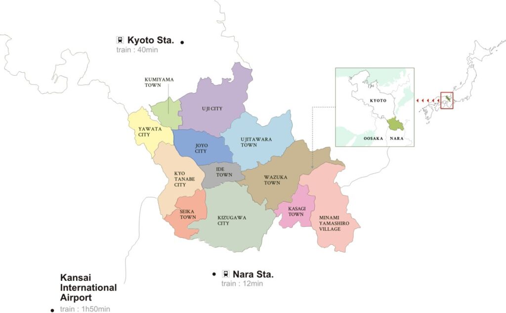 A ma[ of Kyoto Prefecture showing the location of Wazuka Town
