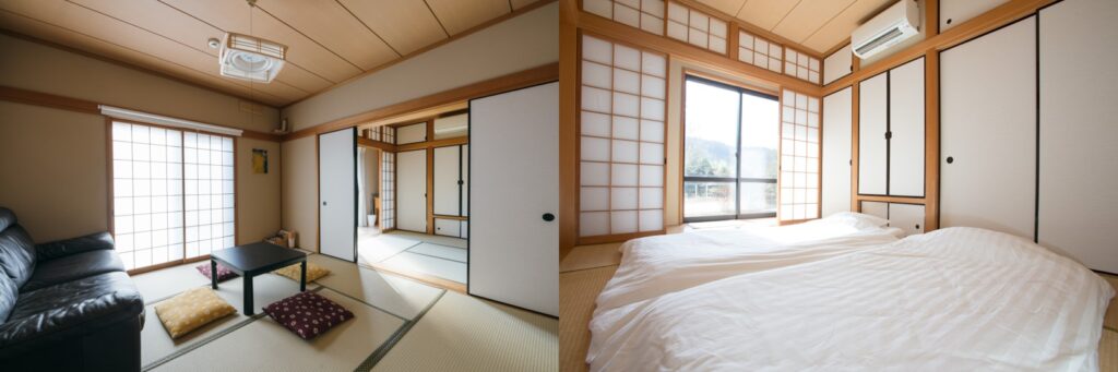 A tatami mat room with shoji screens, futons, and a sofa