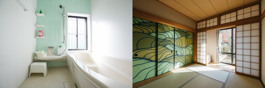 A tatami mat room and bright bathroom