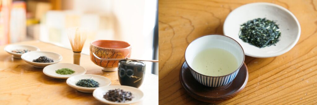 Leaf tea on plates and tea being prepared