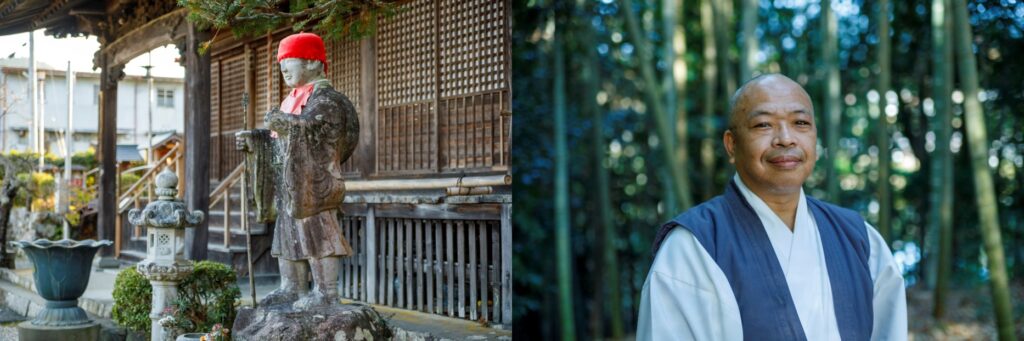 A buddha statue and a monk posing in front of bamboo stalks
