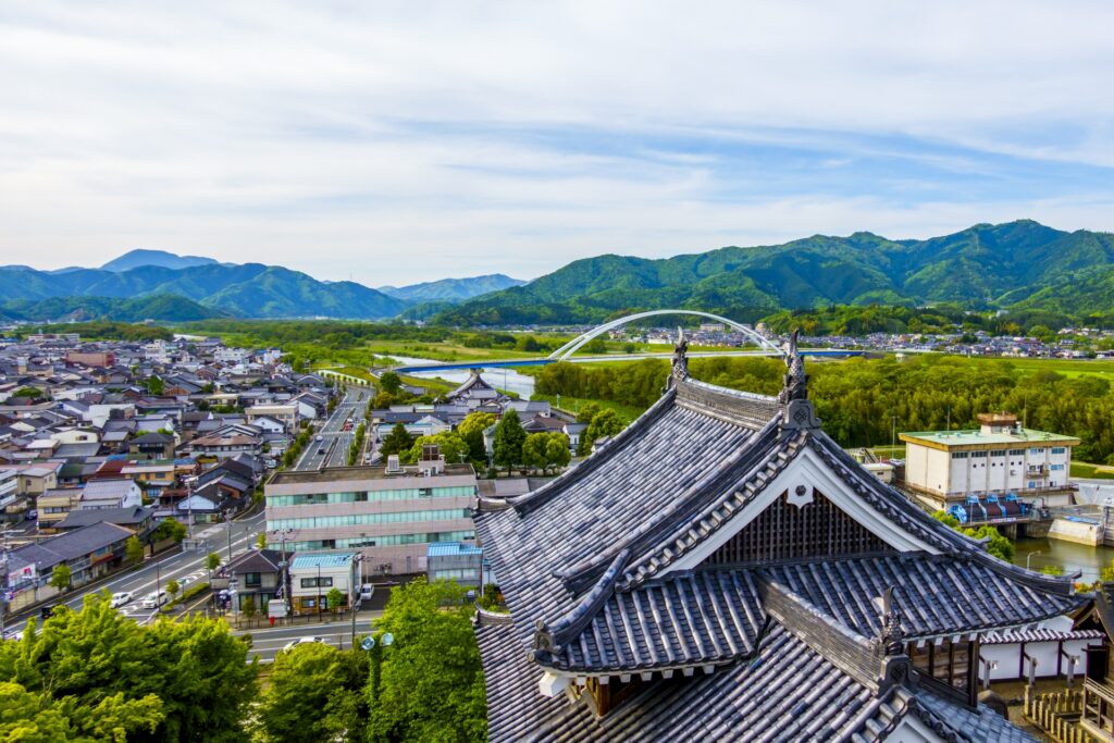 Japanese houses and buildings with mountains and a bridge in the background