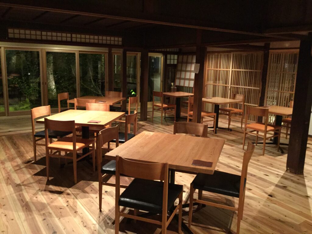 Wooden chairs, tables, and flooring