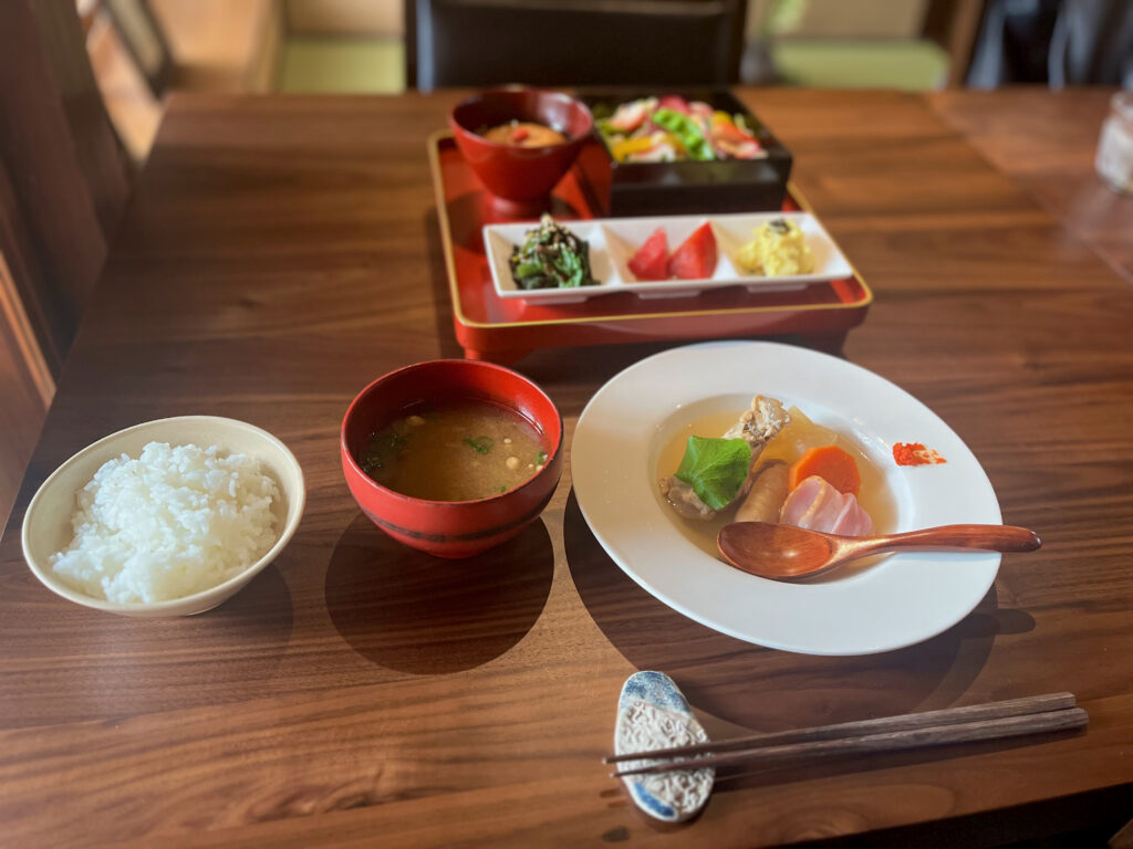 Local vegetables featured in a set meal with rice and miso soup