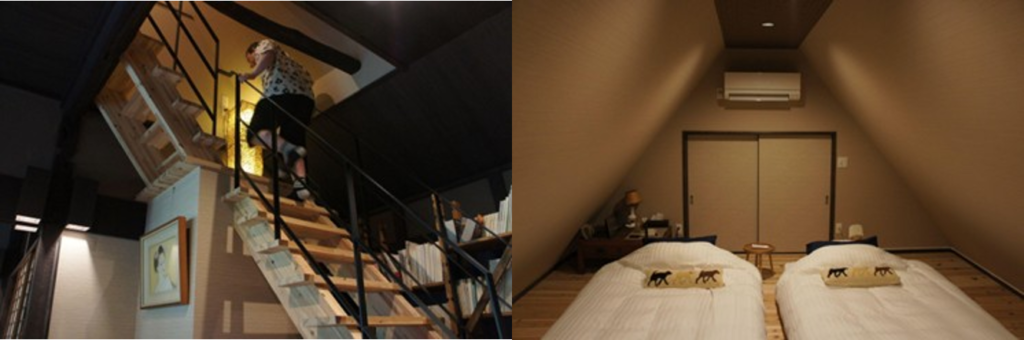 The unique wooden staircase and the cozy twin bedroom in the attic at Auberge Kikuya guesthouse.