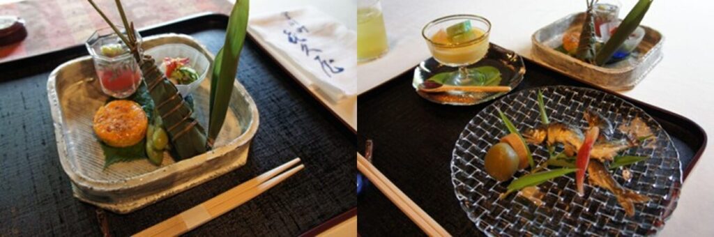 Artfully arranged appetizers and grilled fish dishes from a traditional kaiseki course meal served at Auberge Kikuya.