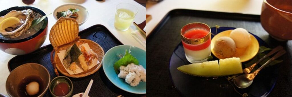 A beautifully presented kaiseki meal at Auberge Kikuya, featuring fresh oysters, tempura, and a dessert platter.