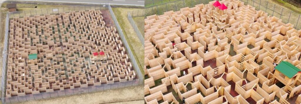 Two aerial views of a large, intricate wooden maze structure at an outdoor park in Ayabe.