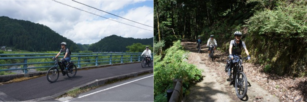 Collage of cyclists on an e-bike tour, crossing a scenic bridge and riding on a rustic forest path in Ayabe.