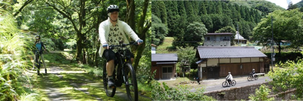 Collage showing cyclists riding e-bikes on a forest trail and through a quaint rural village in Ayabe.