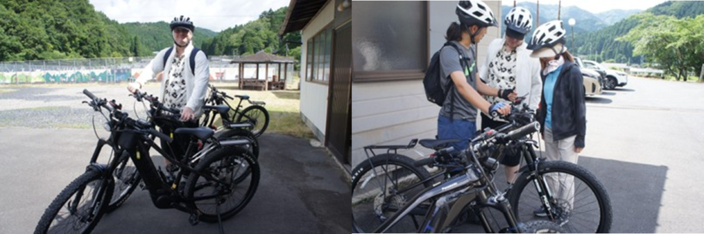 Participants of the Ayabe e-bike tour smile and check their equipment before setting off on their ride.