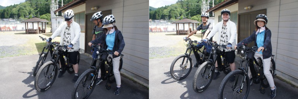 A group of cyclists with helmets prepares for their e-bike tour in the countryside of Ayabe, Japan.