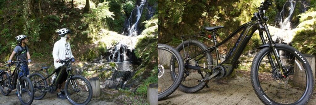 Collage of cyclists and their e-bikes taking a break to view a beautiful waterfall in a lush green forest.
