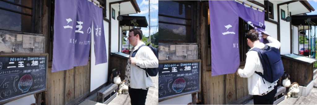 A guest arrives at the Nio no Sumika cafe, lifting the traditional purple noren curtain to enter the building.