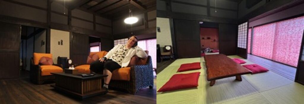 The comfortable interior of Nio no Yado Baiko, showing a modern living area and a traditional Japanese tatami room.