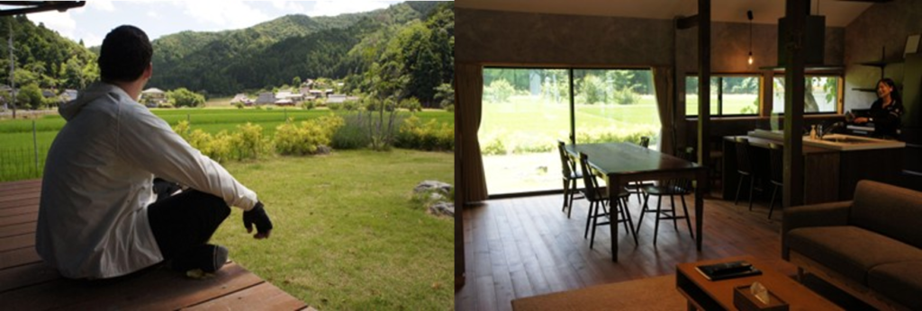 The serene view and modern interior of Nio no Yado Biden, a guesthouse overlooking a rural Japanese landscape.