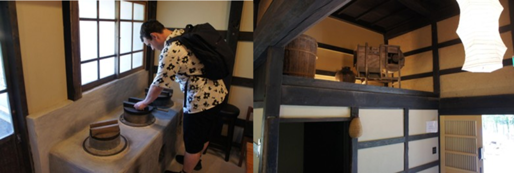 Collage showing the rustic interior of Nio no Yado Komura, including a traditional kamado stove and antique farm tools.