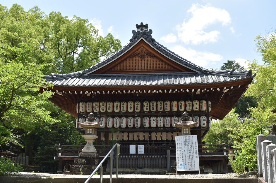 The entrance of Muko Jinja Shrine surrounded by green maples and paper lanterns.